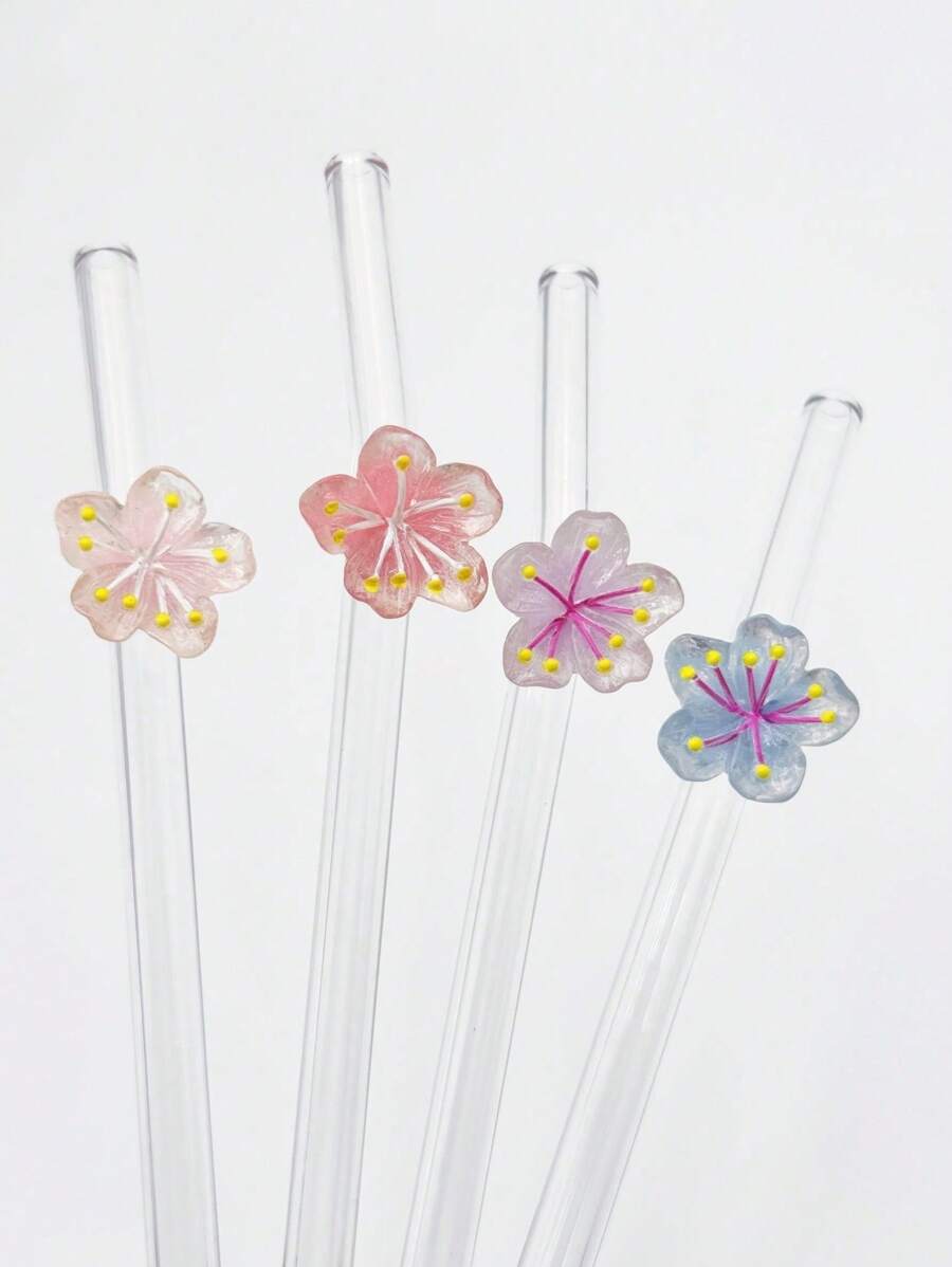 1/4 件花朵装饰玻璃吸管，适合饮用果汁、奶茶、咖啡、冷饮，弯曲吸管设计，学校用品，返校礼物，送给女朋友、男朋友、父母、朋友