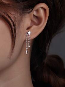 1 Pair Minimalist Silver Sparkly Star Tassel Earrings, Fashionable Unique Design Women Gift Earrings
