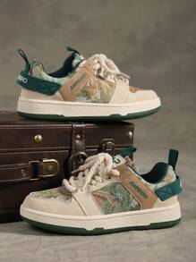 女士复古油画风格系带圆头休闲运动鞋，舒适街头生活方式情侣户外运动鞋 - 米色 - 查看 9