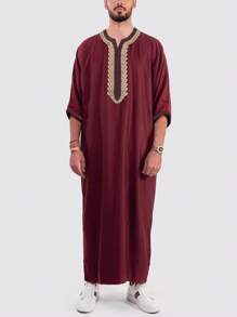 Men's Moroccan Style Embroidered Short Sleeve Robe With Side Pockets, Islamic Men Loungewear - Burgundy - View 1