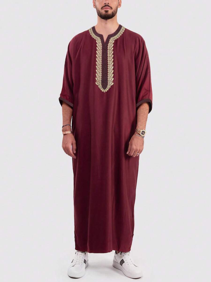 Men's Moroccan Style Embroidered Short Sleeve Robe With Side Pockets, Islamic Men Loungewear - Burgundy - View 1