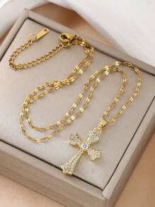 1 chiếc vòng cổ mặt thánh giá vàng đính đá Zirconia thời trang, vòng cổ mặt thánh giá khảm đồng đa năng bằng đá Zirconia (không có hộp), có thể dùng làm quà tặng ngày lễ, trang sức theo chủ đề Ngày lễ thăng thiên, hàng mới về - Vàng - Xem 5