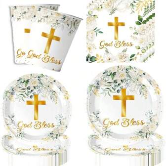 10pcs/20pcs Gold Cross Tableware Set, Including Disposable Party Plates, Party Cups, Party Napkins, Suitable For Christening Party, Celebration Party, Baby Shower And More