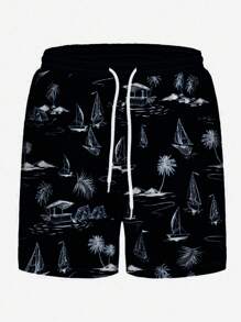 Men's Coconut & Sailboat Graphic Printed Swim Trunks, Casual Daily Beach Shorts, 3D Digital Printing, Drawstring Waist, Single Layer, No Lining, Hawaiian