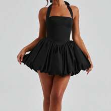 Women Y2K Halter Bubble Mini Dress Sleeveless Ruched Waist Mini Dress Sexy Open Back Tie Up Backless Corset Short Puff Dress Party Cocktail Clubwear Beach Club Streetwear - 黑色 - 查看 8