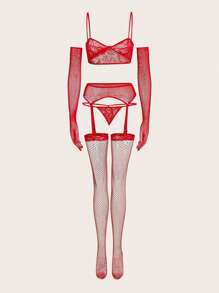 Conjunto sexy de 5 piezas en color rojo clásico que incluye: Sujetador + Tanga + Ligueros + Medias de red + Guantes. Todos estos artículos de lencería sexy de alta gama con encaje y diseño seductor son prendas de moda.