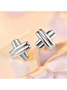 925 Sterling Silver Stud Earrings Geometry Design Clear White Cubic Zirconia CZ Anniversary Gift - Style 2 - View 2