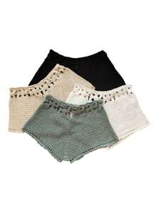 Women's Crochet Cover Up Swim Shorts High Waist Cutout Bathing Suit Bottoms Drawstring Beach Board Shorts Summer Knit Bathing Trunks - 白色 - 查看 9