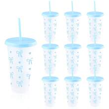 5/10pcs Pink And Red Ribbon Bow & Heart Plastic Tumblers With Straws And Lids, Ribbon Bow Flat Bottomed Cup, Pink Plastic Cup, Coffee Mug, Reusable, Suitable For Cold Drinks, Home, Office, Decoration, Party Gifts, Daily Use, Weddings, Commemoration Day, Afternoon Tea, Valentine's Day, Birthday, Parties, Water Bottle Back To School