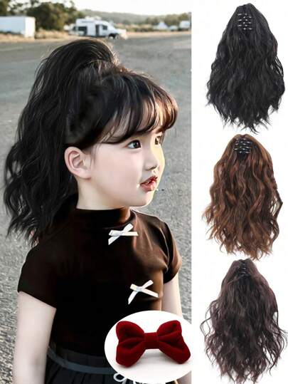 Children's Ponytail Wig Female Waterfall High Ponytail Clip-On Style Water Ripple Short Curly Wig Cute Bow