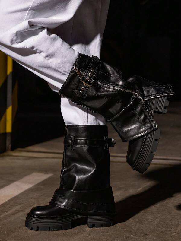 Stivali da donna alla caviglia con piattaforma in moda, con fibbia nera, punta rotonda, cerniera, tacco largo, stile stivaletti corti da esterno, scarpe di design