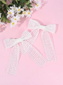 2 件装女童休闲网状蝴蝶结发夹白色蕾丝花朵蝴蝶结发夹带尾巴儿童幼儿优雅鳄鱼皮发夹青少年儿童礼物发饰 - 彩色 - 查看 2