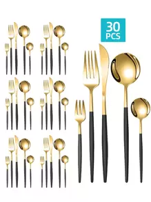 Stainless Steel Elegant Tableware Set, 5/20/30pcs Western Cutlery Set-Includes Dining Knives, Table Forks, Dining Spoons, Teaspoons, Dessert Forks, Forks For Salad/Appetizers/Dessert, And Mini Spoons For Coffee/Tea/Dessert/Cake/Stirring/Fruit/Ice Cream, Reusable Steak Knife, Main Fork, Soup Spoon, Teaspoon