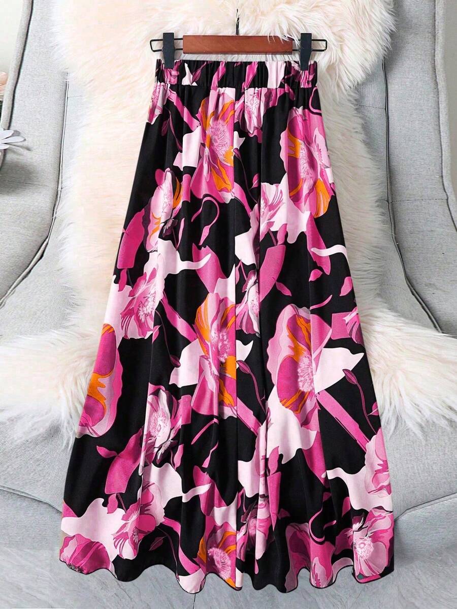 女士度假植物印花松紧腰长裙
