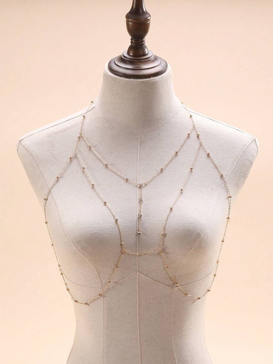 1pc Gold Bling-Bling Rhinestone Bikini Body Chain, Sexy Chest Chain Jewelry For Beach Photography - Gold - View 1