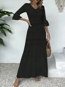 Elegant Women's Fashion Casual V-Neck Long Sleeve Knit Dress, All-White Summer Beach Vacation Style, Minimalist Vintage Coin Design, Slim Fit Hollow-Out, Random Print Pattern, Suitable For Back To School Season, Autumn/Winter Women's Clothing, Long Party Dress For Christmas, Thanksgiving And New Year - Black - View 3