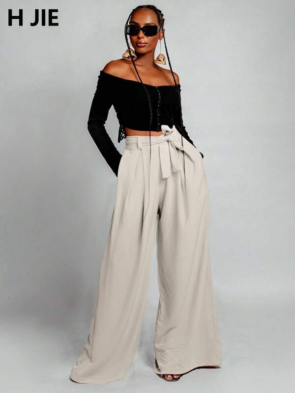 1 pezzo Pantaloni a zampa d'elefante in colore unito con laccetti, semplici e alla moda, adatti per uscite casual in primavera/estate