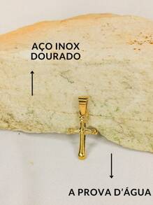 Corrente Cordão Masculino longo 70cm Fininho 2mm Elo Baiano Crucifixo Cruz Pequena Dourado Aço Inox