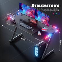 HLONONE LED Gaming Desk, Gaming Table With LED, Stable PC Table With Carbon Fiber Coating, Gamer Table With Cup Holder And Headphone Hook, Black - Black - View 7