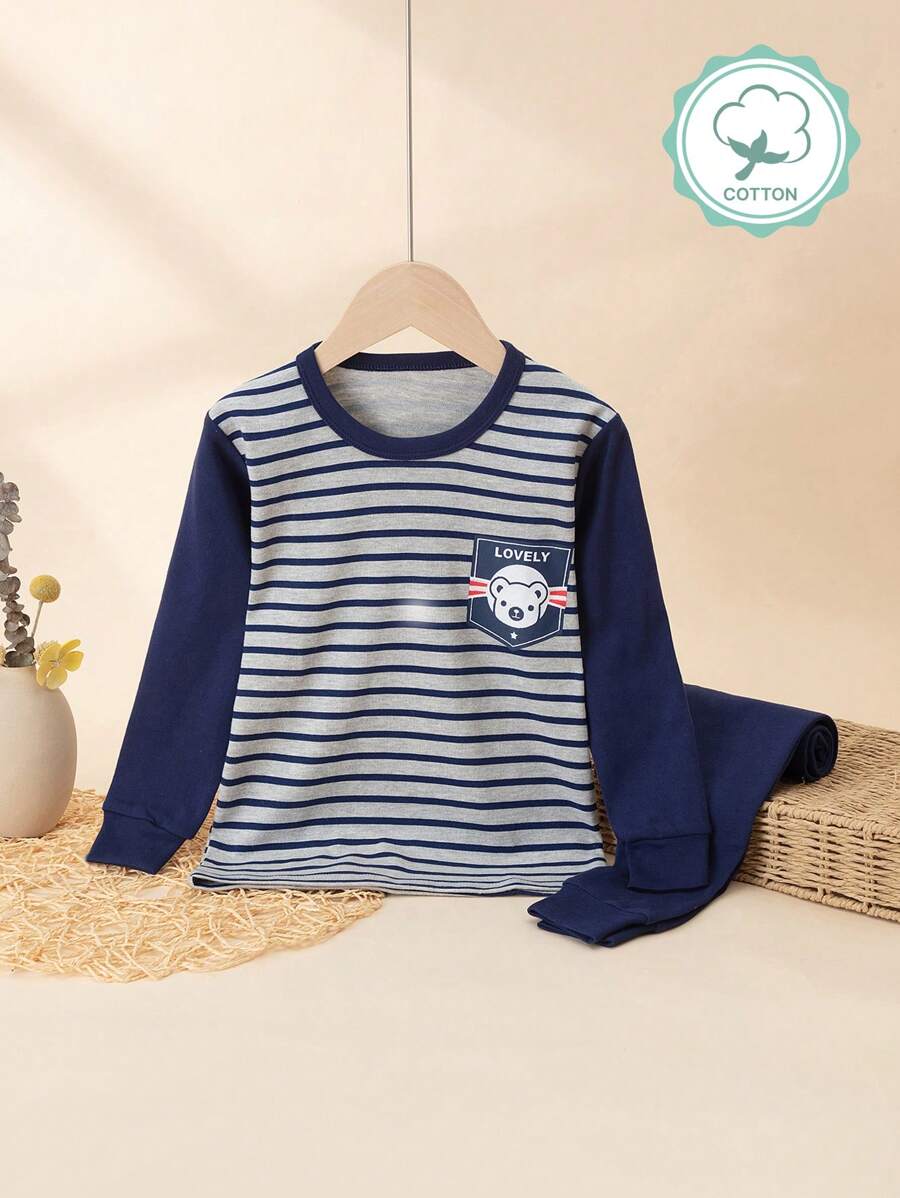 Boys Striped Print Home Outfit Set, Cotton Warm Sleepwear For Older Kids, Spring & Autumn - Navy Blue - View 1