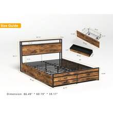 Queen Size Bed Frame With 8 Storage Drawers, LED Headboard With Charging Station, Metal Platform Bed Frame, No Box Spring Needed, Noise-Free, Stable And Solid, Brown - 棕色 - 查看 5