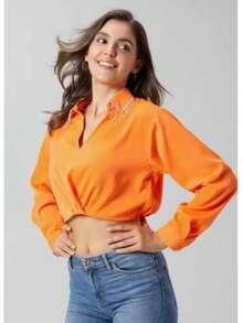 Top corto con detalles de strass - Naranja - Ver 1