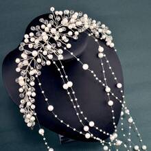 1pc Elegant Silver Pearl Crystal Tassel Headband, Handmade Shiny Bridal Headdress Accessories Suitable For Wedding, Party, All Seasons