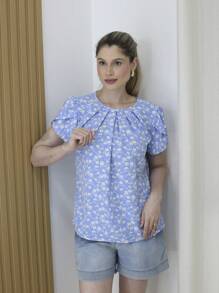 Women's Round Neck Blouse With Floral Princess Sleeves - Maxma 2001 - Blue 2 - View 2