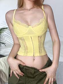 Women Lace Trim Corset Tank Top Y2K Lace Floral Spaghetti Strap Cami Crop Tops Sexy Backless Sleeveless Vests Shirts Summer Going Out Tops Streetwear - Màu vàng - Xem 5