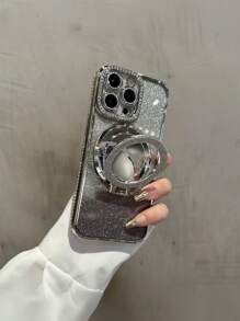 Estuche para iPhone con brillo y purpurina, soporte, soporte magnético y espejo, marco de cámara con rhinestones, cubierta protectora a prueba de golpes, delgado y liviano, estilo Y2K/estético, regalo para niñas, adolescentes y estudiantes