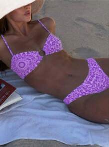 2pcs/Set Fashionable Blue & White Porcelain Printed Swimsuit, Spring/Summer - Purple - View 1