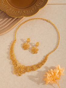 3pcs/Set 24K Gold Dubai Style Women's Fashion Jewelry, Saudi Arabia Star & Moon Necklace Set