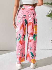 [Showhey]Pantalones Largos Tiro Alto para Mujer con Estampado de Dibujos Animados - Corte Recto y Estilo Casual - Rosa - Ver 2