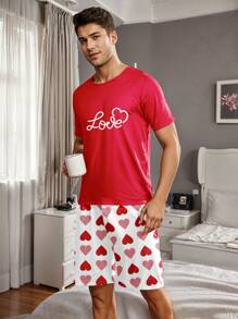 Men's Pajamas Set With 'LOVE' Graphic Print - Red - View 4