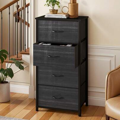 Chest Of Drawers With 4 Drawers,Bedroom Drawers, Fabric Dresser With Wood Top,Drawer Storage Unit For For Bedroom, Living Room, Kids Room