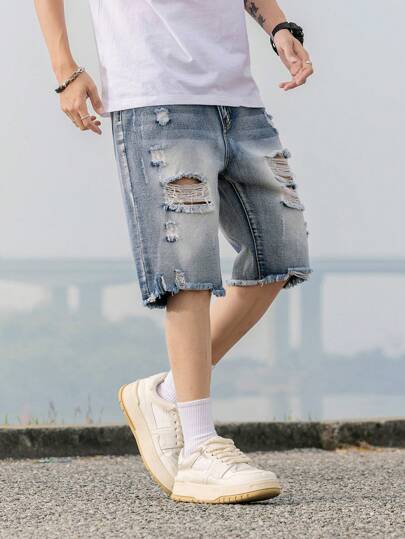 Fashionable Straight Leg Mid-Thigh Casual Jeans For Teen Boys