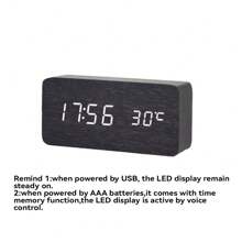 木质数字闹钟，时尚多功能LED闹钟，USB供电，不可使用电池供电，需连接数据线。具备温度显示功能。适用于房间装饰、卧室装饰、宿舍装饰、返校季装饰、开学惊喜、家居装饰、学习用品等。
