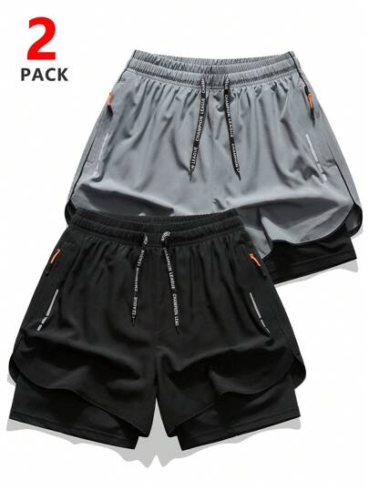 2pcs Men's Quick Dry Breathable Mesh Lined Basketball Gym Fitness Shorts, Summer Sports