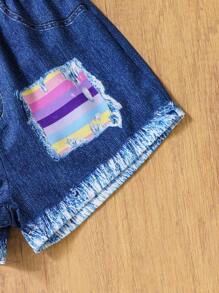 Rainbow Striped Cami Top And Denim Effect Printed Shorts Set For Young Girls - Purple - View 8
