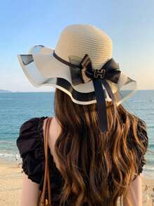 1 pieza Sombrero de verano de mujer estilo bohemio con bordes ondulados, detalle de lazo, ala ancha, sombrero de paja plegable de moda para protección solar al aire libre o diaria, regalo del Día de San Valentín