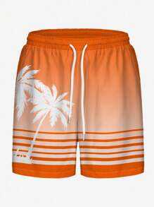 男士泳裤，夏威夷渐变色条纹椰子树与植物 3D 数码印花，休闲户外运动沙滩度假短裤带抽绳，单层无衬里 - 亮橙色 - 查看 3