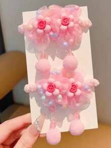 2pcs Kids Cute Floral Cartoon Hair Scrunchies, Flower Tulle Hair Ties For Girls, No Card Package