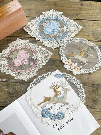 1pc Lace Hollow Rose Pad Applicable For Home Dining Table Mat Vintage Lace Embroidered Vase Pad Decorative Mat