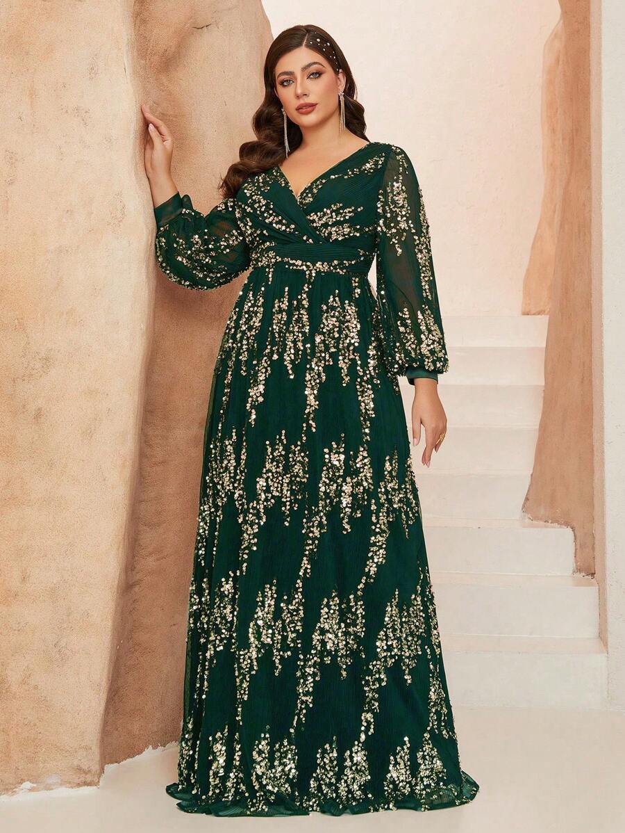 Mgiacy Plus Size Dark Green New Arrival V Neck Elegant Ball Dress Toothpick Pleat Lantern Sleeve Sequin Long Dress - Dark Green - View 1