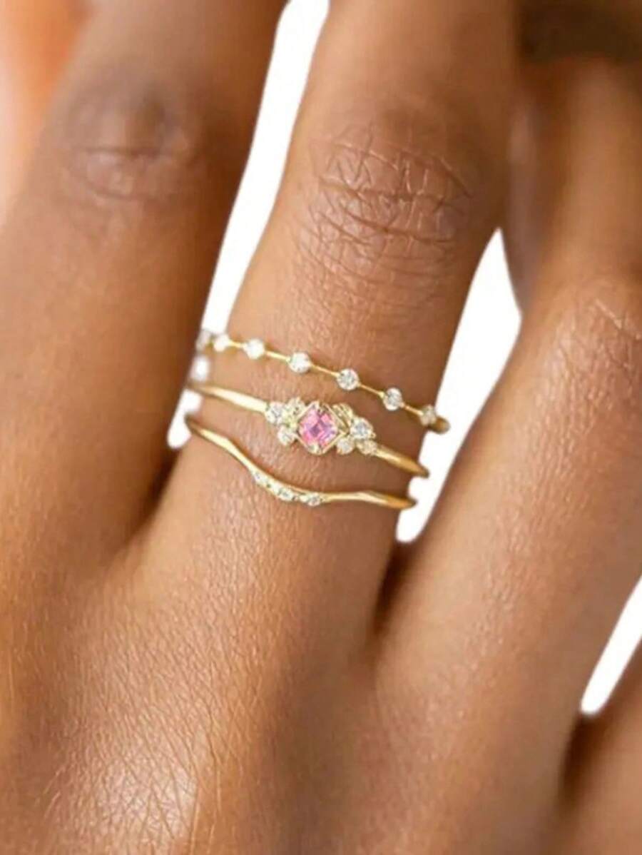 3pcs/Set Exquisite Y2K Pink Zirconia Rings Female Elegant Accessories For Engagement Gold Color/Silver Color Party Wedding Jewelry - Ring Set - View 1