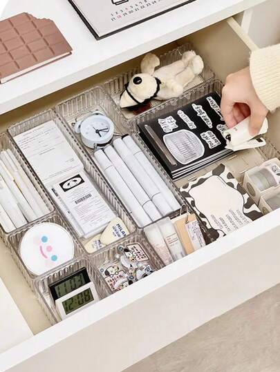 7pcs/6+1 Drawer Organizer Set, Transparent Plastic Drawer Storage Boxes, Desk Top Cosmetic Organizer, Makeup Brush, Foundation, Lipstick, Eyeshadow, Powder, Mascara Organizer, For Jewelry, Kitchen, Bedroom, Bathroom, Decoration, Fall Decor