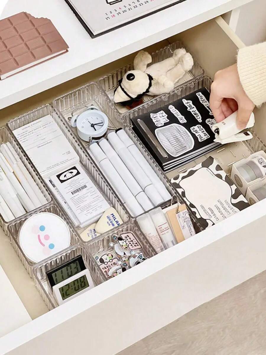7pcs/Set Transparent Drawer Storage Box, Makeup Organizer, Multifunctional Storage Box, Ideal For Bathroom Vanity, Holds Makeup Brushes, Pencils, School Supplies, Display Tray Stand, Suitable For Vanity And Bathroom Counter, Home Decor
