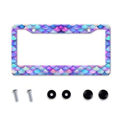 Marco para placa de matrícula de aleación de aluminio con diseño de escamas de sirena iridiscente, con patrón de escamas de pez de color azul y morado, marco de matrícula metálico novedoso para accesorios de automóvil en EE. UU. y Canadá con 2 agujeros y tapas de tornillo