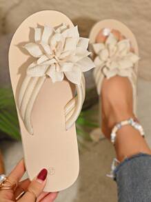 2025 New Summer Fashion Pointed Toe Flower Flip Flops Outside Slope Heel Non-Slip Thick Bottom Beach Shoes - Beige - View 6