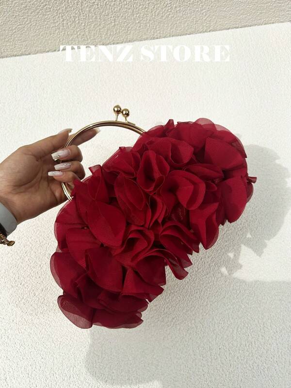 Women Elegant Large-Capacity Burgundy Floral Pleated Satin Evening Clutch Party Bag Purse Handbag– Chic Chiffon Petal Handbag With Chain Strap, Fits ProMax Size Phone & Essentials, Perfect For Bride, Weddings, Dates, Proms, Sorority Formals, Graduation Parties, Spring Galas, Weddings, Cocktail Events, And Special Occasions, Prom Bag For Party